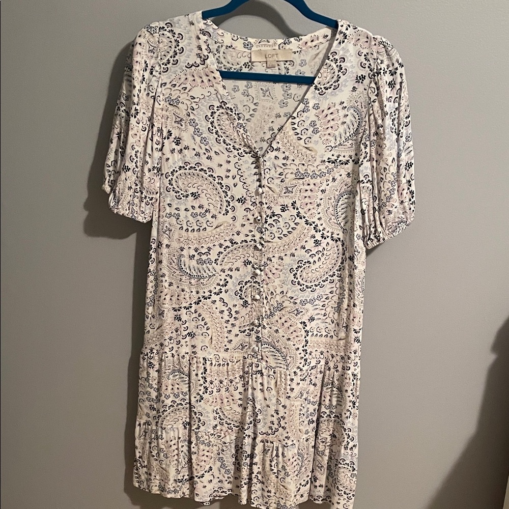 LOFT paisley Print Dress in Cream and Blue